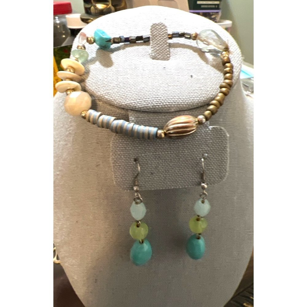Sea Blue Dangle Earrings & Artisan Genuine Stones Bracelet Set